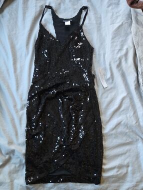 VENUS Black Sequin V-Neck Mini Cocktail Party Girls Night Out Dress Body Con XS